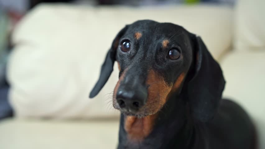 Close-up portrait of elderly dachshund dog looks with silent reproach, pitiful devoted look, begs, asks for attention, help and compassion with hope Pet depression, loneliness, emotional sadness 