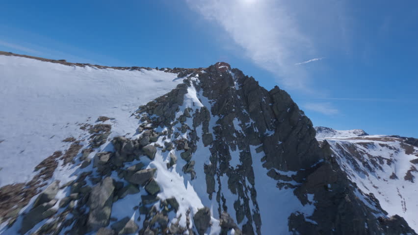 Aerial panoramic view of Pyrenees mountains, winter season, sunny day, Pic de la Mina, France. FPV