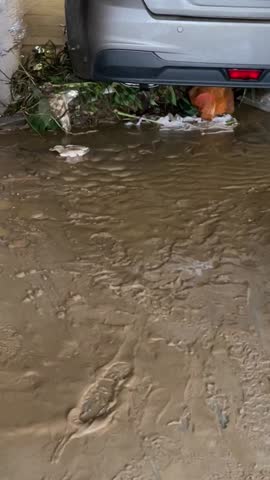 A panning shot of thick mud on the road with floodwater still present, showing tree branches and debris stuck under a car and on a fallen metal gate.