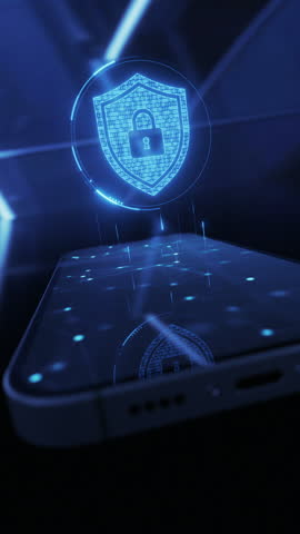 Cybersecurity shield icon hologram and smartphone. Data protection and privacy or antivirus concept. Finance data or VPN service protection. Blockchain and secure crypto wallet mobile app