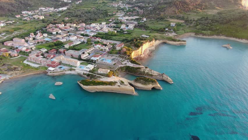 Aerial view of Famous Canal D'amour in Sidari, Corfu island, Greece  with unique rock formations.