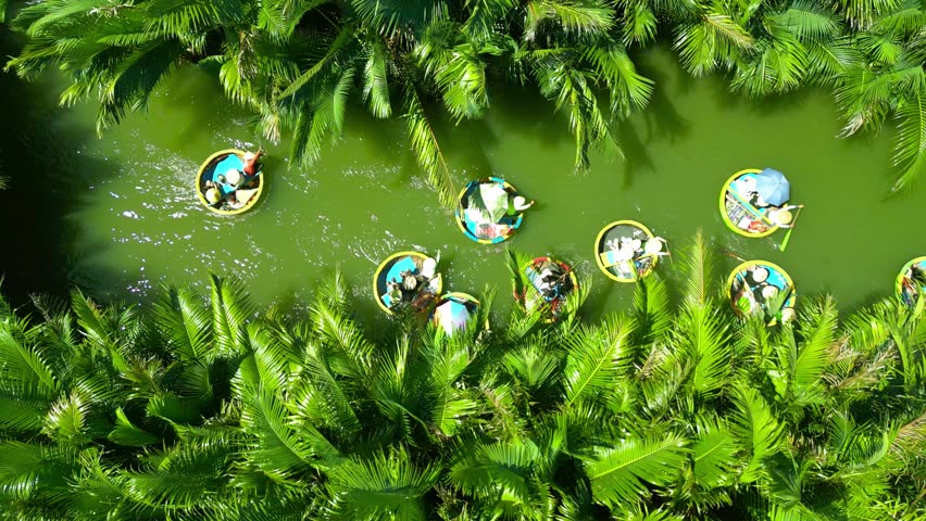 Colorful round boats navigate a serene river surrounded by lush palm trees, showcasing the vibrant culture of Hoi An, Vietnam.