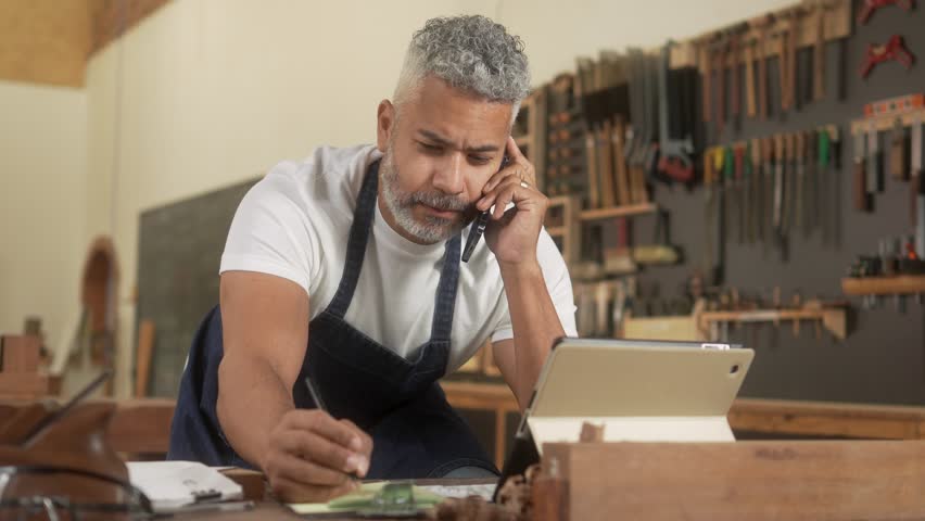 Dedicated craftsman managing tasks in workshop. Small business owner on a phone call while taking notes and checking details on a tablet, balancing work and business