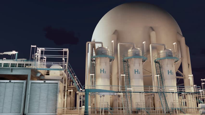 Offshore platform specifically designed to produce *hydrogen fuel* through electrolysis, powered by renewable energy sources. Electrolysis can produce green hydrogen. Time lapse. 3D rendering.