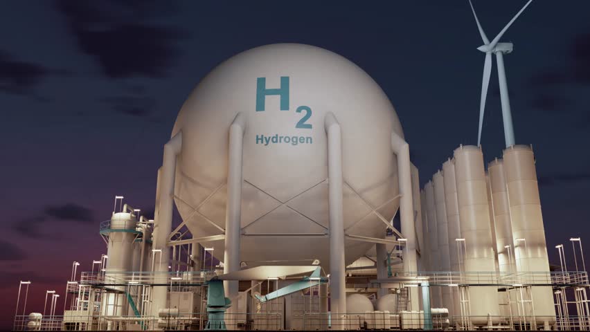 Offshore platform specifically designed to produce *hydrogen fuel* through electrolysis, powered by renewable energy sources. Electrolysis can produce green hydrogen. Time lapse. 3D rendering.