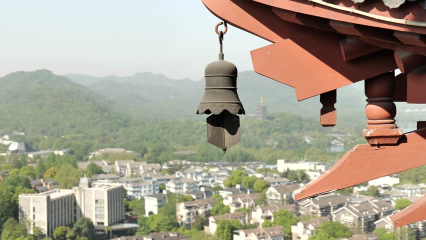 Close-up of ancient Chinese architecture, City God Pavilion in west lake Hangzhou China