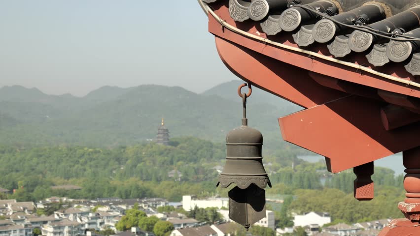 Close-up of ancient Chinese architecture, City God Pavilion in west lake Hangzhou China