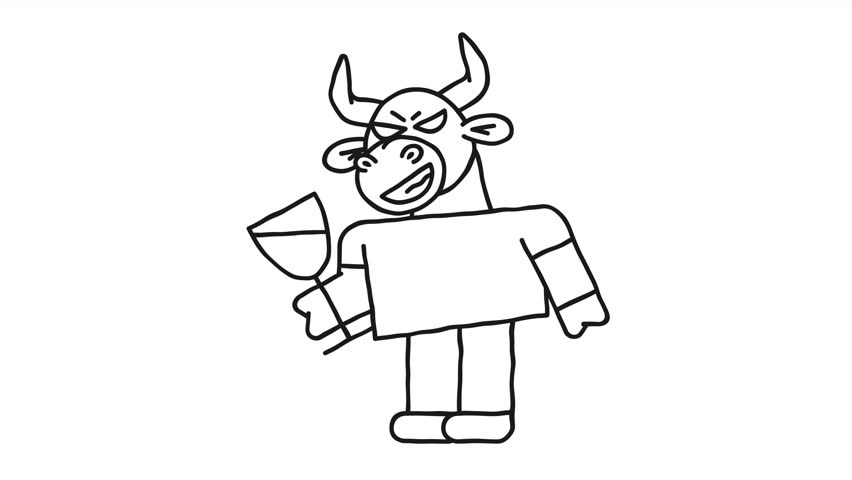 Doodle bull holds glass with drink and smiles. Alpha channel. Looped animation