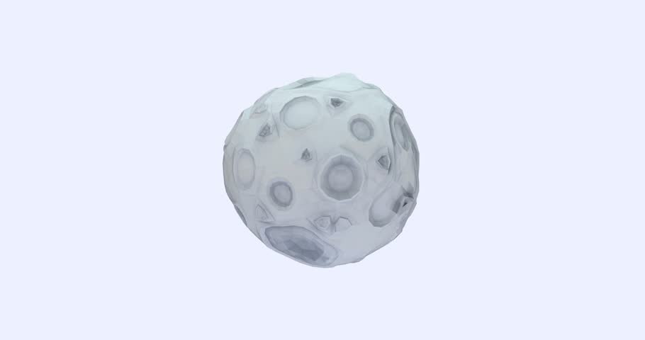 Stylized low poly 3D model of the Moon with cartoon textures on a light background. Seamless 4K video showcasing a 360° camera orbit. Perfect for astronomy, advertising, or creative content.
