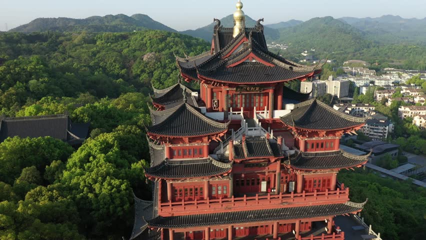 aerial view of the Models of City God Pavilion, west lake Hangzhou China