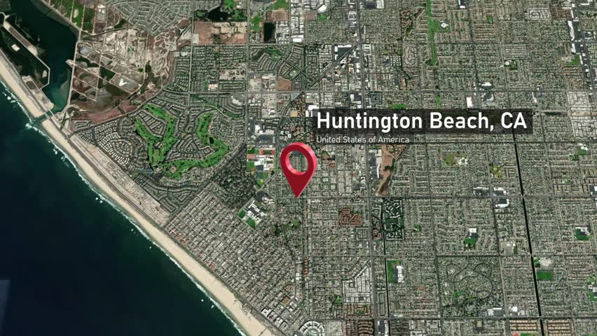 Huntington Beach City Map Zoom (CA, USA) from Space to Earth