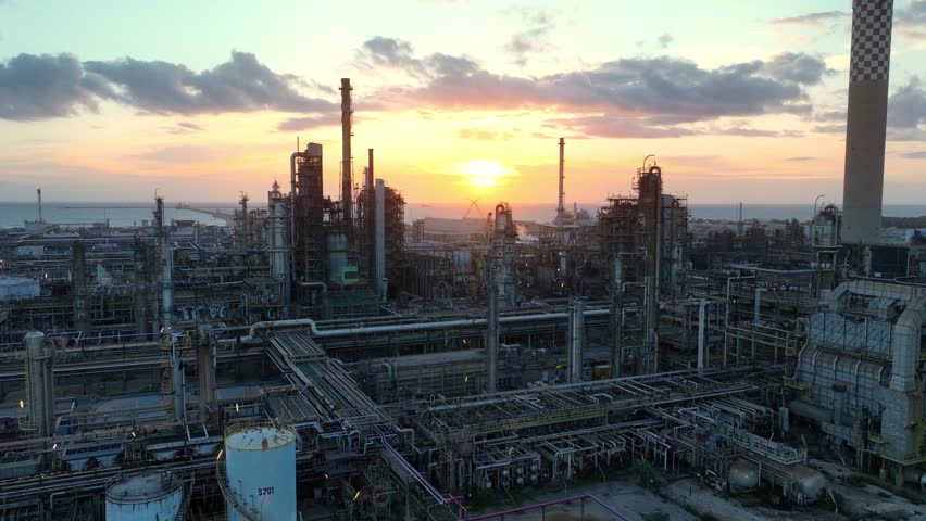 Drone shot of oil refinery plant at sunset, aerial view, oil production, petrochemical industry and environmental pollution, crude oil distillery in Sicily. High quality 4k footage