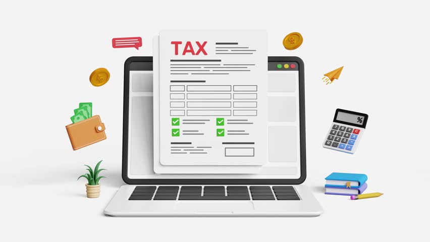 Digital tax calculation form and financial management concept. Income tax, tax documents. Government taxes calculation return. 3D laptop with online tax form.4K 3D animation