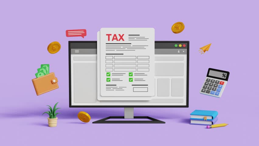 Tax deduction form, income tax, accounting and financial management, VAT and property taxes concept. Online tax documents on a 3D computer. 4K 3D animation