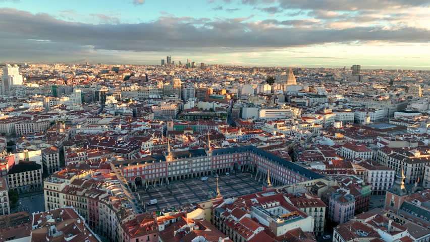 Aerial view of historical downtown of Madrid city in Spain. plaza mayor