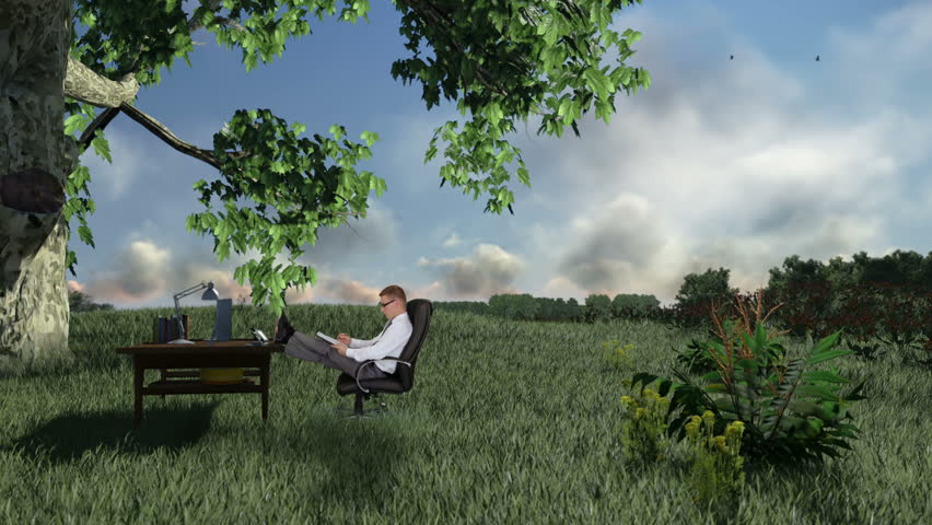Businessman with Office on green meadow, countryside scenery