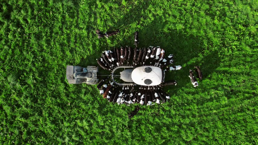 Top down centered view group of calf feeds