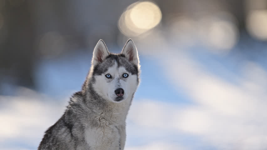 Winter husky, misty breath, blue-eyed, serene snow, slow motion