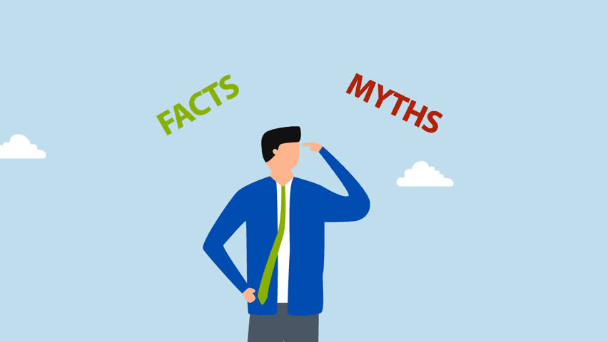 Myths vs Facts, 4k animation of Perplexed and uncertain businessman pondering with intrigue contrasts between truths or fables. 