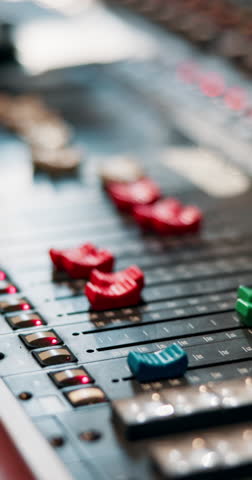 Hands, music and radio with sound engineer in recording studio closeup for audio production. Balance, creative and synthesizer with person at record label to produce project for industry talent