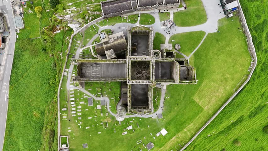 Top-down aerial shot of Rock of Cashel historical site in Cashel, Ireland