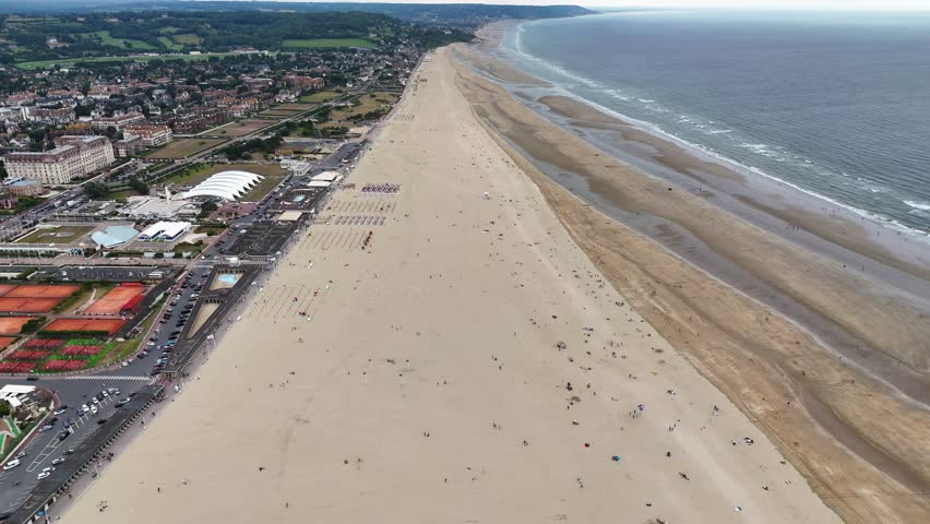 Drone view of Deauville Beach (Plage de Deauville) in France