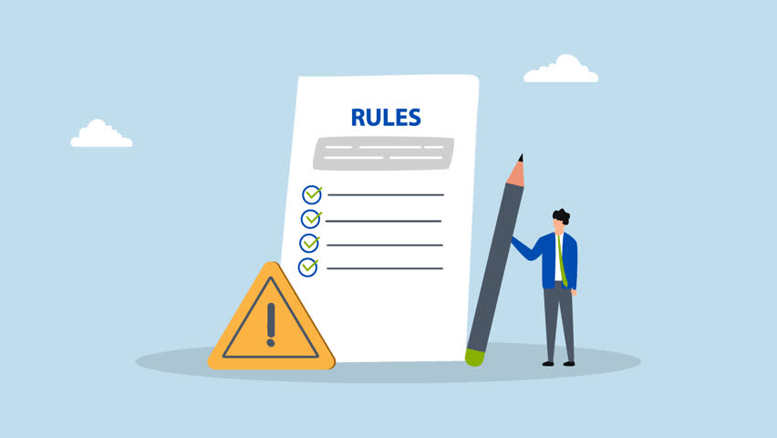 Rules and regulations, 4k animation of entrepreneur completes drafting guidelines and policies document. 