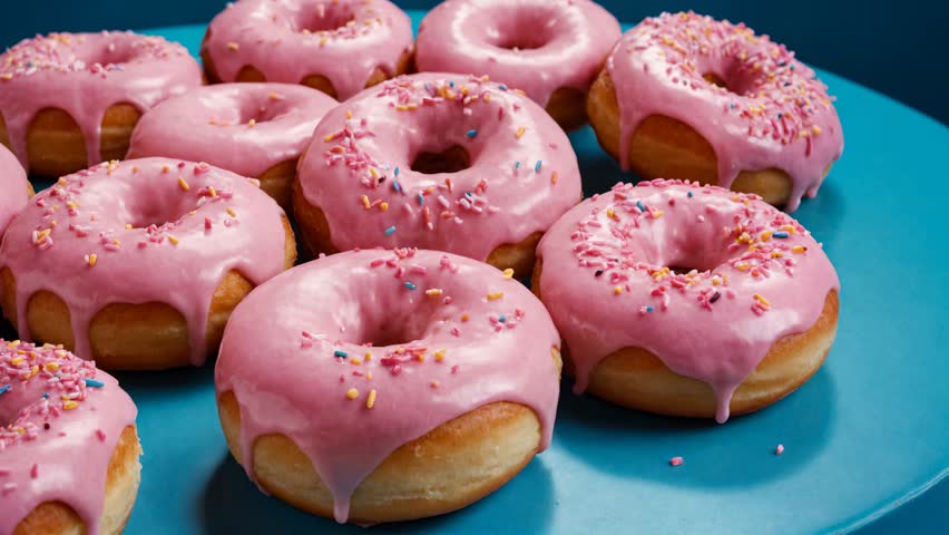 Multiple pink frosted donuts with colorful sprinkles slowly turn on a blue background