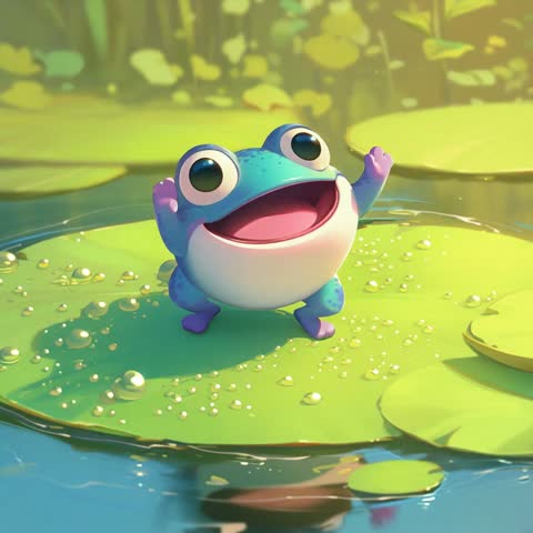 cute frog is sitting on a leaf in the middle of the pond