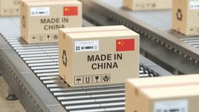 Made in China. Cardboard boxes with product and China flag on the roller conveyor. 3d animation. 3D Illustration - Powered by Shutterstock - Get 15% off with code: PIKWIZARD15