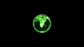 Animation of spinning green Earth planet on dark background. 4K seamless loop earth globe animation. Rotating hologram of lighting neon globus earth. Alpha channel. Motion graphics - Powered by Shutterstock - Get 15% off with code: PIKWIZARD15