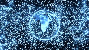 Blue shining rotating holographic globe planet against moving lighting plexus and dots. Seamless looped animation of spinning hologram of Earth planet. 4K motion graphics - Powered by Shutterstock - Get 15% off with code: PIKWIZARD15
