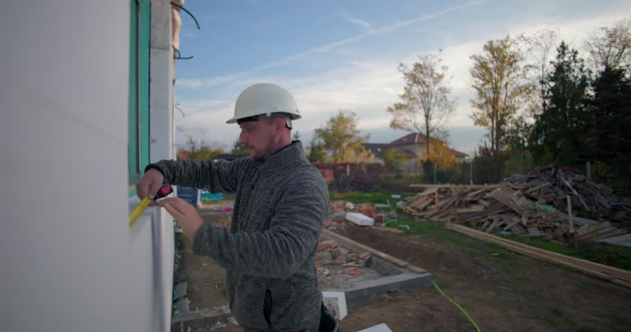 Worker holding tape measure against building wall, adjusting measurements for construction, outdoor project, teamwork in progress, precision work, building installation