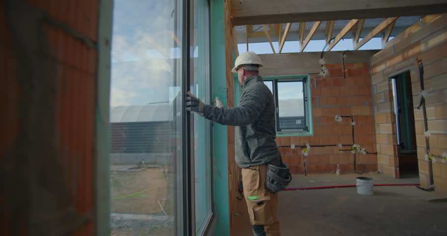 Worker inspecting window installation during residential construction project, wearing hard hat, ensuring alignment and quality standards on site