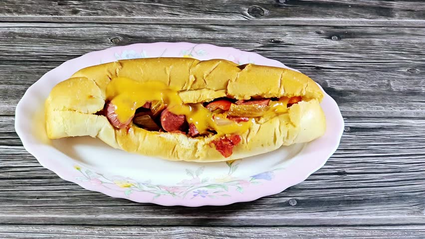 Partially sliced long bun with hot dog grilled beef sausage called wiener (Vienna sausage) and frankfurter frank, with slices of onions and colorful bell peppers and thousand island sauce