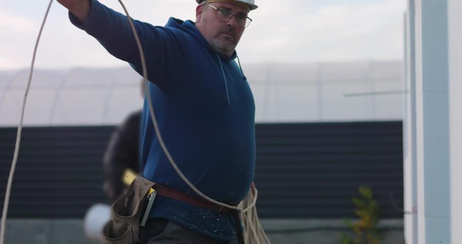 Worker organizing large bundle of cables at construction site, holding and managing tools, preparing for electrical setup in an outdoor working environment
