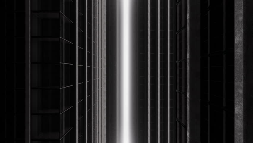 Abstract monochrome concert visual or looped background, camera flythrough massive skyscrapers with reflections in windows glass and mysterious white glow