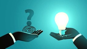 Hand offering light bulb to another hand holding tangled thread with question mark. Problem solving, guidance, innovative solutions, teamwork, mentoring, creative thinking - Powered by Shutterstock - Get 15% off with code: PIKWIZARD15