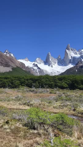 Majestic Fitz Roy mountain peak in Patagonia, Argentina, with snow summits and a vivid blue sky. A serene foreground of grassy tundra, a small stream, and low trees complements the dramatic rock 