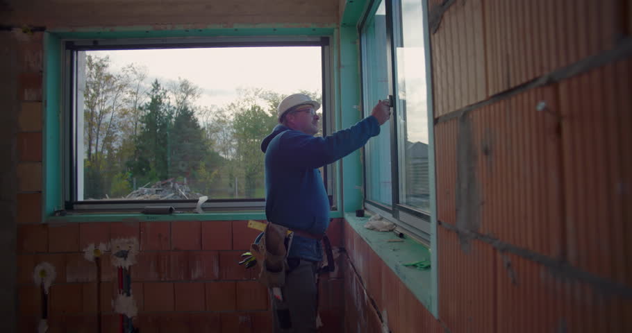 Worker on construction site verifying window installation in residential building project, focused on alignment and fit