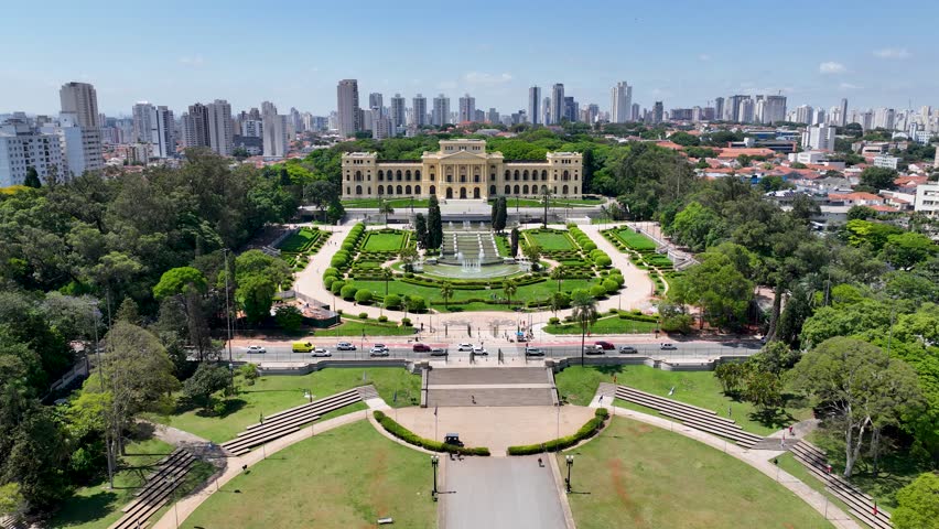 Sao Paulo Skyline At Ipiranga Museum In Sao Paulo Brazil. Monument Leisure. Flag City. Ipiranga Museum At Sao Paulo Brazil. Traffic Monument. Sculpture City.