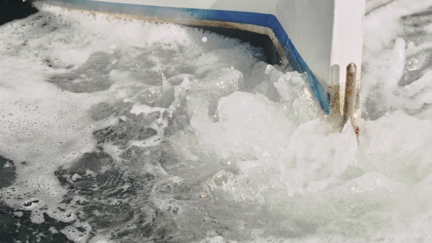 The Small Boat Propeller In The Harbor Makes The Waters Gush