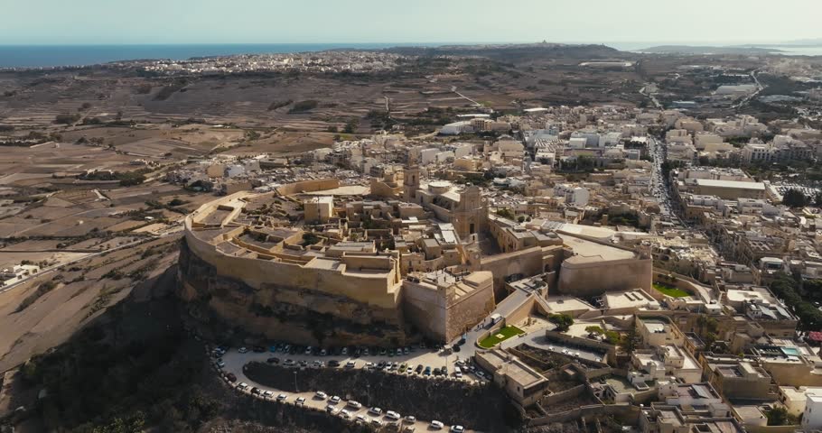 Aerial view of the architecture of the Citadel in Victoria on the island of Gozo, Malta. Historical architecture of the fortress in the Sereznom Sea. High quality 4k footage