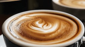  A close-up of a steaming hot cup of coffee with intricate latte art, featuring a heart-shaped design. - Powered by Shutterstock - Get 15% off with code: PIKWIZARD15