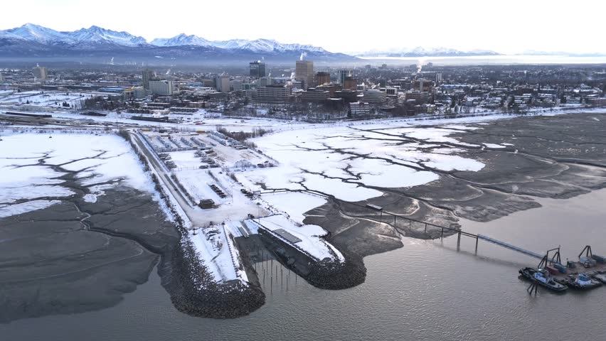 Anchorage, Alaska, 2024 Arial view from the public boat launch and tugboats anchored 