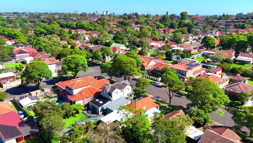 Panoramic aerial drone view of western sydney Suburbs with Houses roads and parks in Sydney New South Wales NSW Australia