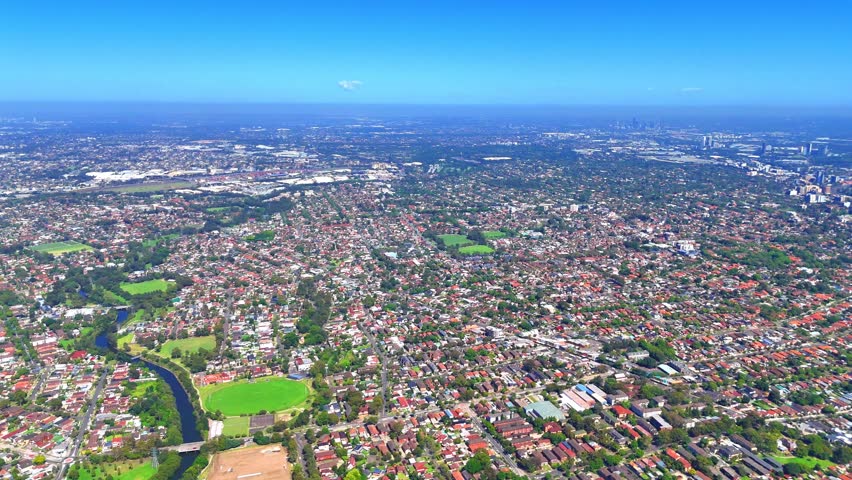 Panorama aerial drone view of western sydney Suburbs with Houses roads and parks in Sydney New South Wales NSW Australia