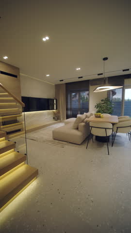 Stylish and elegant minimalist home interior featuring clean lines, neutral colors, and warm ambient lighting, creating a cozy and modern atmosphere.