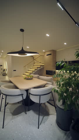 Stylish and elegant minimalist home interior featuring clean lines, neutral colors, and warm ambient lighting, creating a cozy and modern atmosphere.