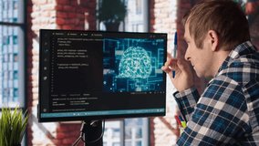 Admin uses computer for artificial intelligence computing simulation, waiting for code to finish compiling. Man works with AI deep neural networks, rubbing forehead with pen, feeling bored, camera A - Powered by Shutterstock - Get 15% off with code: PIKWIZARD15